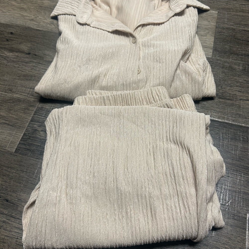 Cream Textured Button-Up Shirt and Pants Set